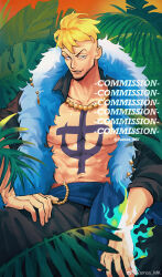 Rule 34 | 1boy, bare pectorals, bead necklace, beads, black pants, blonde hair, coat, collarbone, fire, fur-trimmed coat, fur trim, glint, green fire, highres, jewelry, looking at viewer, male focus, marco (one piece), necklace, nipples, one piece, open clothes, open coat, outdoors, palm leaf, pants, parted lips, pectorals, pyrokinesis, solo, sparse stubble, vamos mk
