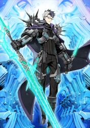 1boy arm_armor armored_boots asymmetrical_dual_wielding black-framed_eyewear black_hair black_mask black_pants black_shirt blue_background blue_eyes boots cape chest_harness closed_mouth dual_wielding fate/grand_order fate_(series) foot_out_of_frame gauntlets glasses glowing glowing_sword glowing_weapon gram_(fate) hands_up harness holding holding_sword holding_weapon long_sleeves looking_at_viewer male_focus medium_hair miwa_shirow multicolored_hair official_art pants purple_cape reverse_grip semi-rimless_eyewear sheath shirt short_sword sigurd_(fate) solo spiked_hair sword third-party_source turtleneck two-tone_hair under-rim_eyewear v-shaped_eyebrows variant_set weapon white_hair