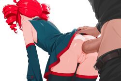 1boy 1girl absurdres ahoge anal ass bare_shoulders black_shirt black_skirt black_sleeves black_thighhighs bottomless censored clothes_lift commentary_request detached_sleeves drill_hair hetero highres kasane_teto lifting_another&#039;s_clothes linhangwei long_hair miniskirt mosaic_censoring no_panties pussy red_hair red_trim sex sex_from_behind shirt simple_background skirt skirt_lift sleeveless sleeveless_shirt thighhighs thighs twin_drills utau white_background