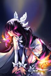 1girl absurdres bandaged_leg bandages bare_legs black_hair bow bowtie breasts bug butterfly closed_eyes closed_mouth coat columbina_(genshin_impact) crimson_lotus_moth_(genshin_impact) dark_background dress eye_mask fatui_coat flower full_body fur-trimmed_coat fur_trim genshin_impact gradient_background hair_flowing_over hair_ornament hair_spread_out hands_on_floor head_wings highres insect ketari leaning_forward light_particles long_hair medium_breasts multicolored_hair pink_hair red_nails ribbon seiza sitting smile solo streaked_hair three_quarter_view two-tone_hair very_long_hair white_bow white_bowtie white_dress white_flower white_mask wing_eyes wing_hair_ornament wings wrist_bow x_hair_ornament