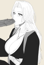 1boy 1girl bleach blush breasts chain chain_necklace fellatio hetero jewelry large_breasts long_hair matsumoto_rangiku necklace oral pink_shawl shawl shihakusho simple_background suzuki_shun