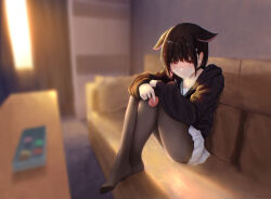 Rule 34 | 1girl, absurdres, animal ears, black choker, black hair, black hoodie, black pantyhose, blue archive, blurry, blurry background, blush, cat ears, cat girl, choker, colored inner hair, crossed legs, feet, food, hair behind ear, highres, holding, holding food, hood, hoodie, kazusa (blue archive), legs, legs together, multicolored hair, pantyhose, school uniform, skirt, sunlight, xshishio