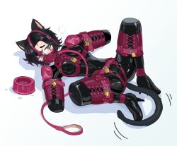 animal_ears black_hair bodysuit bound bound_arms bound_legs bowl breasts brown_eyes character_request cloth_gag collar copyright_request covered_navel gag gagged glasses high_heels highres human_dog improvised_gag latex latex_bodysuit leash looking_at_viewer lying on_back peril pet_play raftetram restrained short_hair skin_tight small_breasts tail