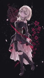1girl bang_dream! bang_dream!_it&#039;s_mygo!!!!! birdcage black_dress black_socks blonde_hair brown_hair cage clothing_cutout commentary doloris_(bang_dream!) dress full_body kneehighs long_sleeves looking_at_viewer misumi_uika neko_tenko puppet_strings shoulder_cutout socks solo