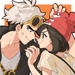 1boy 1girl anger_vein beanie black_eyes black_hair chain clenched_teeth confrontation eyeshadow eyewear_on_head fingernails fua1heyvot4ifsr gold_chain grey_eyeshadow grin guzma_(pokemon) hand_up hat highres holding holding_poke_ball hood hooded_jacket jacket makeup multicolored_hair nintendo opposing_sides poke_ball poke_ball_(basic) pokemon pokemon_sm red_hat selene_(pokemon) shirt short_hair short_sleeves smile sunglasses t-shirt team_skull teeth two-tone_hair undercut white_hair white_shirt yellow-framed_eyewear yellow_shirt