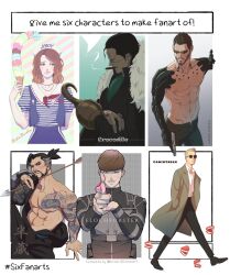 1girl 5boys adam_jensen arrow_(projectile) ascot beard brown_hair character_name chattering_teeth_(toy) cigar closed_mouth coat connected_beard corinthian crocodile_(one_piece) deus_ex dragon_tattoo english_text facial_hair finger_gun floch_forster food freckles gb_(doubleleaf) hand_in_pocket hanzo_(overwatch) highres holding holding_arrow hook_hand ice_cream jewelry multiple_boys multiple_drawing_challenge navel neckerchief necklace nipples one_eye_closed one_piece open_fly overwatch pectorals prosthesis prosthetic_arm red_ascot red_neckerchief ring robin_buckley shingeki_no_kyojin short_hair sitting six_fanarts_challenge smoke smoke_trail stranger_things tattoo the_sandman_(dc) toned toned_male too_many too_many_scoops