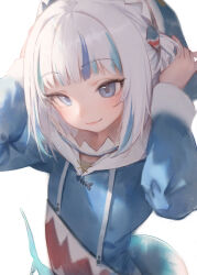 Rule 34 | 1girl, absurdres, bingwei huang, blue eyes, blue hair, blue jacket, closed mouth, commentary, english commentary, fins, fish tail, gawr gura, gawr gura (1st costume), highres, hololive, hololive english, hood, hooded jacket, jacket, multicolored hair, shark girl, shark tail, simple background, smile, solo, tail, virtual youtuber, white background, white hair