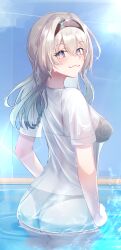 1girl :3 absurdres ass black_bra black_hairband black_panties blue_sky bra bra_visible_through_clothes breasts commentary_request firefly_(honkai:_star_rail) grey_hair hairband highres honkai:_star_rail honkai_(series) long_hair looking_at_viewer medium_breasts memeiradesuyo panties panties_visible_through_clothes partially_submerged see-through_clothes see-through_shirt shirt sky solo underwear white_shirt