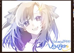 1girl :d art_program_in_frame blue_theme character_name clip_studio_paint copyright_name hair_ornament head_tilt highres li_ru_(li_ru) long_hair looking_at_viewer monochrome open_mouth portrait reverse:1999 smile solo star_(symbol) star_hair_ornament teeth upper_teeth_only voyager_(reverse:1999) white_background