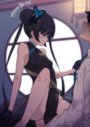 1boy 1girl black_dress black_gloves black_hair blue_archive blue_necktie breasts butterfly_hair_ornament china_dress chinese_clothes closed_mouth clothed_sex clothes_grab dragon_print dress from_side girl_on_top gloves grey_halo hair_ornament halo hetero highres kisaki_(blue_archive) long_hair mishima_hiroji necktie necktie_grab neckwear_grab open_mouth pelvic_curtain print_dress sex shirt short_sleeves small_breasts solo_focus twintails white_shirt