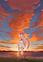Rule 34 | 1girl, :d, absurdres, amulet, aqua eyes, artist name, ascot, backlighting, black ascot, blue sky, blunt bangs, blush, boots, brown boots, cherry blossom print, chinese commentary, cloud, commentary request, cumulonimbus cloud, fang, floating hair, floral print, floral print kimono, fuchuangzi summerwind, full body, hair ornament, hairclip, highres, holding, japanese clothes, kamiyama shiki, kimono, lace-up boots, long hair, long sleeves, looking at viewer, miniskirt, mountainous horizon, ocean, open mouth, orange clouds, outdoors, outstretched hand, pink kimono, pixel art, ponytail, print kimono, reaching, reaching towards viewer, red hair, ringed eyes, sailor collar, scenery, school uniform, serafuku, shirt, shore, signature, skirt, sky, smile, solo, standing, straight hair, summer pockets, summer pockets school uniform, sunlight, sunset, tassel, tassel hair ornament, very long hair, white sailor collar, white serafuku, white shirt, white skirt, wide sleeves