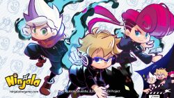 +_+ 2girls 4boys absurdly_long_hair ankle_boots aqua_eyes berecca black_jacket black_pants black_sleeves blonde_hair blue-framed_eyewear blue_eyes blue_fire blue_jacket blue_pupils blue_skirt boots brown_boots burton_(ninjala) buttons character_background clapperboard clenched_hands closed_eyes clothing_cutout commentary company_name copyright_name copyright_notice cosplay crossover dual_persona english_commentary english_text eyelashes fire frown fushiguro_megumi fushiguro_megumi_(cosplay) glasses gold_buttons green_eyes green_pupils gumchi gyokuken hair_tubes halftone halftone_background highres holding holding_sword holding_weapon itadori_yuuji itadori_yuuji_(cosplay) jacket jujutsu_kaisen jujutsu_tech_uniform kugisaki_nobara kugisaki_nobara_(cosplay) logo long_hair long_sleeves mark_under_eye multicolored_hair multiple_boys multiple_girls ninja ninjala nose official_art pants pink_hair polka_dot polka_dot_background pompadour ponytail popped_collar purple_hair rianti-wong second-party_source semi-rimless_eyewear shuriken side_cutout simple_background skirt smile streaked_hair sword van_(ninjala) very_long_hair watermark weapon web_address white_hair