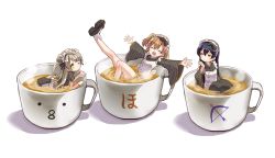 10s 3girls ^_^ blue_hair bow cafe_maid_(love_live!) closed_eyes coffee commentary_request cup disposable_cup food grey_hair hair_bow in_container in_cup in_food kosaka_honoka love_live! love_live!_school_idol_festival love_live!_school_idol_project maid maid_headdress minami_kotori mini_person minigirl mixed_maids mug multiple_girls one_eye_closed one_side_up orange_hair pinstripe_pattern shipii_(jigglypuff) shoes simple_background sonoda_umi striped sweatdrop wa_maid white_background wide_sleeves yellow_eyes