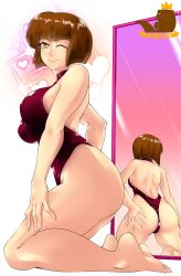 1girl ass bare_legs bare_shoulders blunt_bangs bob_cut brown_eyes brown_hair brown_one-piece_swimsuit curvy fingernails full_body grabbing_own_ass heart highleg highleg_one-piece_swimsuit highres huge_ass kneeling lips mirror_image omiiverse one-piece_swimsuit ranma_1/2 seductive_smile shiny_skin short_hair simple_background smile solo swimsuit tendou_nabiki white_background wide_hips
