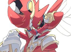 1other armor artist_name bug claws colored_skin gen_2_pokemon insect_wings korosliszt nintendo pokemon pokemon_(creature) pokemon_unite red_skin scizor scizor_(knight) simple_background solo white_armor white_background wings yellow_eyes