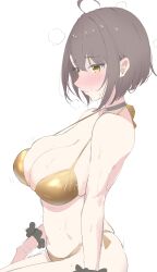 1girl absurdres ahoge azur_lane baltimore_(azur_lane) bikini black_choker breasts brown_hair choker commentary_request gold_bikini highres large_breasts mattyazuki short_hair simple_background solo sweat swimsuit white_background yellow_eyes