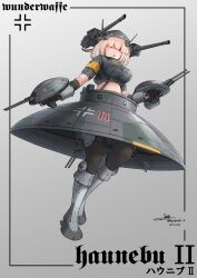 Rule 34 | 1girl, absurdres, armband, armored boots, balkenkreuz, black gloves, black pantyhose, blonde hair, boots, breasts, cannon, commentary request, cropped jacket, cross, dated, elbow gloves, full body, german text, gloves, gradient background, grey background, grey hat, grey jacket, hair over eyes, hat, highres, holding, holding turret, jacket, knee boots, large breasts, long bangs, mecha musume, midriff peek, original, pantyhose, personification, red eyes, short hair, short sleeves, signature, solo, teisei misagi, thigh strap, turret, twitter username, ufo, white background, world war ii, yellow armband