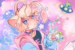 1other aisha_(neopets) alien androgynous animal_ears antennae babytchi black_shirt blonde_hair blue_eyes blue_jacket cameo cat_ears celebi cellphone cellphone_charm character_charm charm_(object) cloud colored_eyelashes commentary english_commentary flip_phone furry gen_2_pokemon hamtaro hamtaro_(series) hasunoue_keroppi highres hood hood_down hooded_jacket jacket kero_kero_keroppi kirby kirby_(series) legendary_pokemon looking_at_viewer mametchi mythical_pokemon neogeopet neopets nintendo open_clothes open_jacket original other_focus phone pokemon sanrio shirt short_hair tamagotchi upper_body white_eyelashes