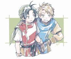 2boys antenna_hair arm_around_shoulder artist_name bandana belt black_belt black_hair blonde_hair blue_scarf blue_tunic border brown_eyes brown_gloves brown_pants cropped_torso gensou_suikoden gensou_suikoden_i gloves gold_trim green_background green_bandana grin hand_on_own_hip male_focus michibata_65 multiple_boys pants parted_bangs parted_lips red_tunic scarf shirt short_hair smile ted_(suikoden) teeth tir_mcdohl torn_clothes torn_sleeves tunic white_border white_shirt