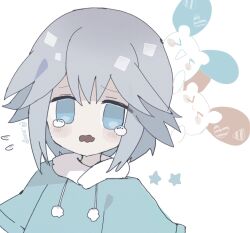 &gt;_&lt; 1boy blue_eyes blue_hoodie blush blush_stickers commentary drawstring flying_sweatdrops gen_3_pokemon grey_hair hair_flaps highres hood hoodie male_focus minun nintendo open_mouth ovoip plusle pokemon pokemon:_destiny_deoxys pokemon_(anime) pokemon_rse_(anime) pom_pom_(clothes) short_hair short_sleeves simple_background star_(symbol) tearing_up tory_lund upper_body wavy_mouth white_background
