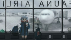 1girl =_= absurdres advarcher aircraft airplane airport arm_support backpack bag black_dress black_thighhighs blue_hair blue_hoodie blue_jacket blunt_bangs blurry blurry_background cameo carrier cup disposable_cup domo-kun dress drinking_straw gawr_gura grey_sky hair_ornament hand_up highres holding holding_cup hololive hololive_english hood hoodie indoors jacket jet_airliner long_sleeves medium_hair mirrored_text multicolored_hair open_clothes open_jacket overcast rain rectangular_mouth shark_hair_ornament sharp_teeth sky sleeves_past_wrists solo standing streaked_hair teeth thighhighs two_side_up virtual_youtuber white_hair wide_sleeves window