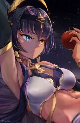 1girl absurdres ankh apple arm_behind_head armpits artist_name bare_shoulders blue_eyes breasts candace_(genshin_impact) closed_mouth commentary_request eye_of_horus food fruit genshin_impact gold_trim heterochromia highres holding holding_food holding_fruit hooriyuu large_breasts lying navel on_back purple_hair solo twitter_username upper_body yellow_eyes