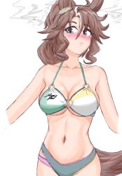 1girl alternate_costume animal_ears blue_eyes blush breasts brown_eyes cleavage closed_mouth collarbone commentary_request cowboy_shot drawwitter ear_ornament groin horse_ears horse_girl horse_tail looking_to_the_side medium_breasts mejiro_palmer_(umamusume) multicolored_hair navel o-ring o-ring_top ponytail racing_colors signature simple_background solo stomach streaked_hair swimsuit tail umamusume white_background white_hair