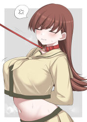 1girl absurdres anger_vein arms_behind_back breasts brown_hair choker clenched_teeth closed_eyes collar highres jiangyou_dang kantai_collection leash leash_pull long_hair navel ooi_(kancolle) restrained school_uniform shirt skirt solo spoken_anger_vein teeth yellow_shirt yellow_skirt