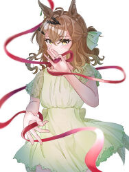 Rule 34 | 1girl, animal ears, braid, brown hair, dress, earrings, frilled dress, frills, hair between eyes, hair ornament, hair ribbon, hairclip, half up half down braid, hand up, highres, horse ears, horse girl, jewelry, jungle pocket (umamusume), lace, lace-trimmed dress, lace trim, looking at viewer, medium hair, multiple earrings, notched ear, red ribbon, ribbon, shiruko (oshiruko), short sleeves, simple background, solo, umamusume, white background, white ribbon, yellow dress, yellow eyes