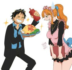 1boy 1girl absurdres apron back_ribbon black_dress black_jacket black_necktie black_pants blue_ribbon blue_shirt breasts closed_eyes collared_shirt commentary dress earrings english_commentary eyewear_on_head facing_another feet_out_of_frame food frilled_apron frilled_dress frilled_hairband frills grin hair_ribbon hairband high_ponytail highres holding holding_plate jacket jewelry ketchup_bottle long_hair long_sleeves looking_at_another maid maid_apron maid_headdress medium_breasts monkey_d._luffy nami_(one_piece) necklace necktie official_alternate_costume one_piece open_clothes open_jacket open_mouth orange_hair pants pink_apron pink_hairband plate ponytail ribbon shampowrado shirt signature single_sidelock smile sparkle sunglasses sweatdrop wavy_hair white_background