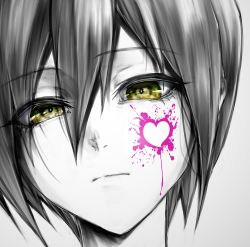1boy black_hair blood blood_on_face brown_eyes close-up commentary_request danganronpa_(series) danganronpa_v3:_killing_harmony goto_(sep) grey_background hair_between_eyes head heart male_focus pink_blood saihara_shuichi short_hair solo spot_color
