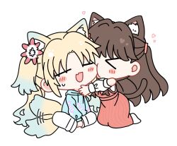 &gt;_&lt; 2girls :d animal_ears bare_shoulders biting biting_cheek blonde_hair blue_hair blue_hoodie blush brown_hair cat_ears cat_girl cat_tail chibi chibi_only closed_eyes clothes_writing clothing_cutout commentary dog_ears dog_girl dog_tail dress fang flower fujishima_megumi fujishima_megumi_(winter_loungewear) full_body gradient_hair hair_flower hair_ornament heart highres hood hoodie kemonomimi_mode kneeling link!_like!_love_live! long_dress long_hair long_sleeves love_live! mira-cra_park! multicolored_hair multiple_girls official_alternate_costume open_mouth orange_dress osawa_rurino osawa_rurino_(winter_loungewear) pants pink_flower shirt shoulder_cutout simple_background sitting skin_fang smile socks sweatdrop symbol-only_commentary tail twintails two_side_up virtual_youtuber watage_modoki white_background white_pants white_shirt white_socks yuri