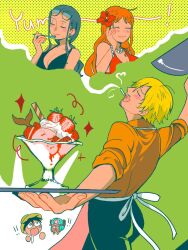 2girls 3boys ashthelazy black_hair blonde_hair chef cigarette dark-skinned_female dark_skin facial_hair food glasses hair_over_one_eye ice_cream monkey_d._luffy multiple_boys multiple_girls mustache_stubble nami_(one_piece) nico_robin one_piece orange_hair parfait plate sanji_(one_piece) smoking stubble tony_tony_chopper
