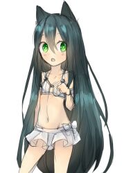 Rule 34 | 1girl, alchemist (ragnarok online), alternate costume, animal ears, bikini, black hair, blush, cat ears, cat girl, chestnut mouth, commentary request, cowboy shot, flat chest, green eyes, long hair, looking at viewer, meiko (nattu303), navel, open mouth, ragnarok online, simple background, skirt, solo, swimsuit, very long hair, white background, white bikini, white skirt
