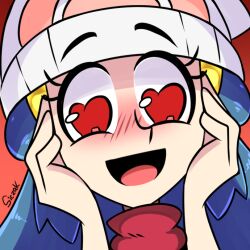 Rule 34 | 1girl, beanie, blush, bright pupils, dawn (pokemon), eyelashes, hair ornament, hairclip, hands on own face, happy, hat, heart, heart-shaped pupils, long hair, looking at viewer, nintendo, open mouth, pokemon, pokemon dppt, red scarf, scarf, siczak, signature, sleeveless, smile, solo, symbol-shaped pupils, white hat