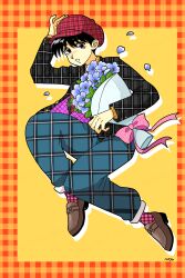 Rule 34 | 1boy, black hair, blue flower, border, bouquet, brown hair, brown shoes, flower, fujishima moyu, full body, hat, highres, holding, holding bouquet, jacket, loafers, long sleeves, looking at viewer, male focus, open mouth, original, pants, petals, plaid border, plaid clothes, plaid headwear, plaid jacket, plaid pants, plaid socks, shoes, socks, solo