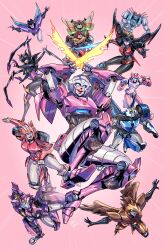 6+girls absurdres airachnid airazor annotated anode_(transformers) arcee autobot beast_wars beast_wars:_transformers blue_eyes commentary cover cover_page doujin_cover dual_wielding elita_one energy_sword english_commentary extra_legs highres holding holding_sword holding_weapon holding_wrench kiss_players lina_rojas lug_(transformers) mecha multiple_girls nautica_(transformers) nickel_(transformers) open_mouth parted_lips pink_background pointing red_eyes robot rosanna_(transformers) science_fiction slipstream_(transformers) strongarm_(transformers) sword the_transformers_(idw) transformers transformers:_robots_in_disguise_(2015) transformers_animated transformers_prime weapon windblade wrench