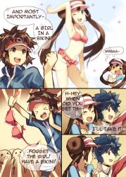 Rule 34 | &gt; &lt;, 10s, 1girl, 2boys, :d, ;d, bikini, black hair, bow, brown hair, closed eyes, comic, double bun, english text, frilled bikini, frills, hair bun, hugh (pokemon), jacket, multiple boys, nate (pokemon), nintendo, one eye closed, open mouth, pokemon, pokemon bw2, raglan sleeves, rosa (pokemon), smile, spiked hair, swimsuit, teardrop, twintails, visor cap, weee (raemz), wink