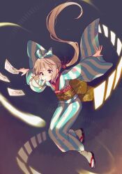 1girl brown_eyes brown_hair commentary_request highres idolmaster idolmaster_cinderella_girls japanese_clothes jumping kimono long_hair low_ponytail magic mochizuki_yomogi mouth_hold ofuda ponytail sandals solo tabi very_long_hair yorita_yoshino zouri