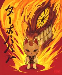 1girl animal_ears astrubalart bell cat cat_ears clenched_teeth closed_mouth colored_skin commentary dandadan english_commentary fire full_body ghost gradient_background highres looking_at_viewer maneki-neko neck_bell red_background red_skin solo standing straight-on teeth turbo_granny_(dandadan) whiskers yellow_eyes