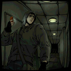 Rule 34 | 1boy, abandoned, absurdres, atmospheric perspective, bag, bags under eyes, beard stubble, black eyes, black gloves, black hair, ceiling, ceiling light, cry of fear, door, facial hair, fingerless gloves, gloves, grey hoodie, hallway, highres, holding, holding phone, hood, hood up, hoodie, looking back, male focus, partially shaded face, phone, serious, shoulder bag, simon henriksson, soggywormsss, solo, stubble, tile ceiling, tiles, upper body