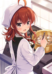 ahoge arashi_(kancolle) cooking indoors kantai_collection kitchen kitchen_hood looking_back miso_soup odawara_hakone pot red_hair short_hair