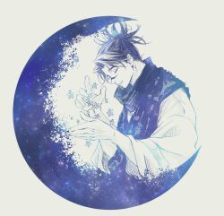 1boy arms_up choso_(jujutsu_kaisen) closed_eyes closed_mouth commentary_request crescent curtained_hair facial_mark flower grey_background hair_up highres jujutsu_kaisen long_sleeves male_focus myzmknt profile robe simple_background smile solo upper_body wide_sleeves
