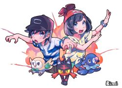 1boy 1girl angry black_hair blush creatures_(company) elio_(pokemon) explosion game_freak gen_7_pokemon grey_eyes happy hat litten nintendo pokemon pokemon_(creature) pokemon_sm popplio rowlet selene_(pokemon) shirt shorts striped_clothes striped_shirt z-ring