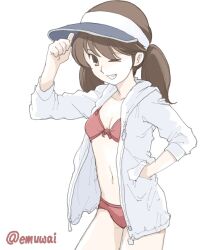 1girl bikini breasts brown_eyes brown_hair commentary_request emuwai hand_in_pocket hood hooded_jacket jacket kantai_collection long_hair one-hour_drawing_challenge one_eye_closed red_bikini ryuujou_(kancolle) simple_background small_breasts solo swimsuit twintails twitter_username visor_cap white_background white_jacket