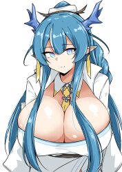 Rule 34 | 1girl, absurdres, arknights, between breasts, blue eyes, blue hair, bolo tie, breasts, cleavage, closed mouth, commentary request, dragon girl, dragon horns, earrings, hair between eyes, highres, horns, jewelry, large breasts, ling (arknights), long hair, looking at viewer, multicolored eyes, pointy ears, purple eyes, shirt, sidelocks, simple background, smile, solo, split mouth, two-tone eyes, white background, white shirt, xibu cai