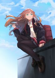 1girl absurdres black_bag black_pantyhose blue_skirt blue_sky brown_hair cloud collared_shirt floating_hair full_body green_eyes gridman_universe highres long_hair looking_up minami_yume pantyhose pingfan_de_mao shirt sitting skirt sky solo ssss.dynazenon turning_head white_shirt