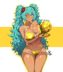 1girl 2025 ;) aqua_eyes aqua_hair ball bikini brazilian_miku breasts commentary english_commentary flower gold_bikini hair_flower hair_ornament hatsune_miku heart heart_necklace holding holding_trophy jewelry jk_arts large_breasts long_hair looking_at_viewer navel necklace one_eye_closed smile solo stomach swimsuit tan tanline thighs trophy twintails twitter_username two-tone_background very_long_hair vocaloid