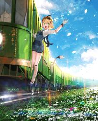 absurdres advarcher blonde_hair breasts clear_sky dooby_(vtuber) gloves goggles green_eyes hat highres indie_virtual_youtuber medium_breasts overalls petals short_hair sky steam tail virtual_youtuber water