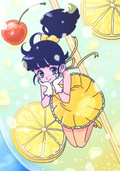 Rule 34 | 1girl, air bubble, black hair, blue eyes, bubble, cherry, closed mouth, dress, eyelashes, floating, food, food-themed hair ornament, fruit, fujishima moyu, full body, gloves, hair ornament, highres, lemon, lemon hair ornament, lemon slice, long hair, looking at viewer, original, ponytail, shoes, smile, solo, white gloves, yellow dress, yellow shoes